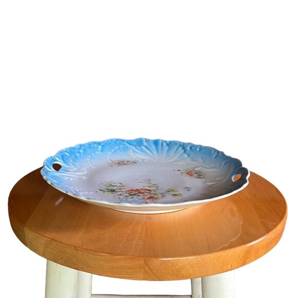 Vintage China Serving Plate, Blue Trim with Floral Bouquet Pattern & Two Handles - Picture 6 of 6